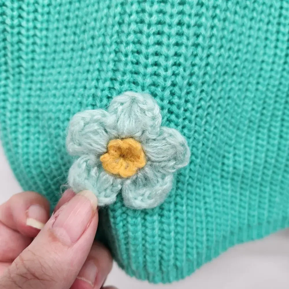 BaeVely‎ Teal Knit Crochet Flower Applique Preppy Boho Mini Skirt Women's L